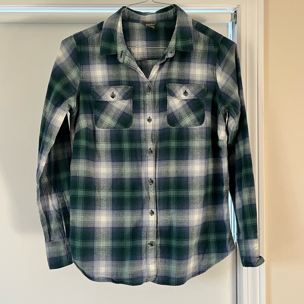 Eddie Bauer Green, Blue, & White Plaid Button-Up Shirt